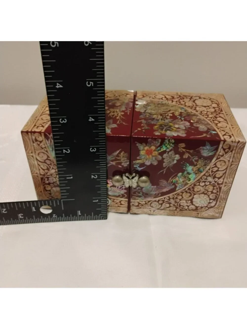 Vintage Korean Mother of Pearl Jewelry Box Red Lacquerware Folding 4 Drawer